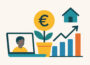 Flache Vektorillustration zeigt steigendes Interesse am Nebenverdienst mit Laptop, Euro-Münze, Haus und Wachstumsgrafik