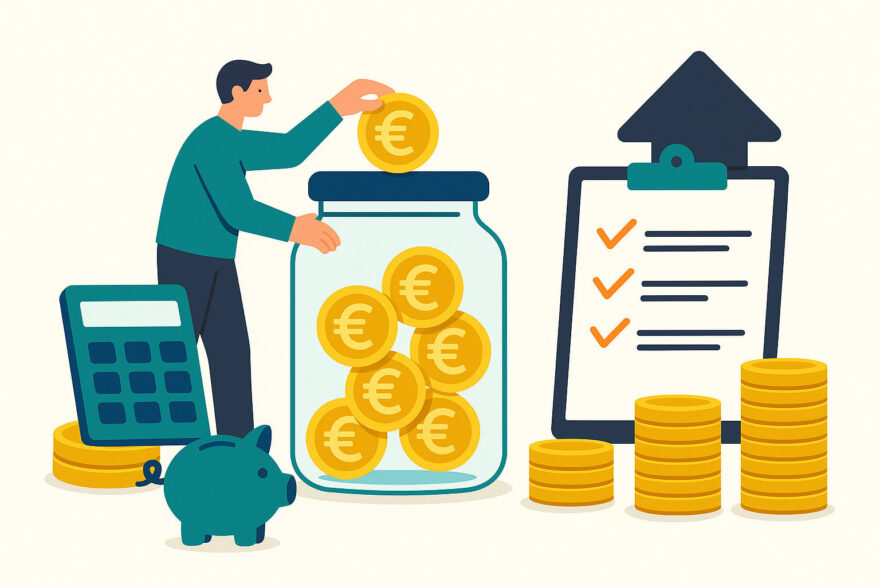 Notgroschen berechnen – So baust du deine Rücklage Schritt für Schritt auf Notgroschen berechnen – Symbolgrafik zum gezielten Aufbau eines Notgroschens mit Sparglas und Checkliste