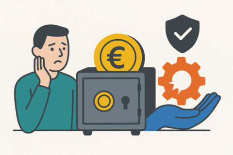 Notgroschen berechnen – Symbolgrafik zur finanziellen Sicherheit mit Tresor und Schutzschild