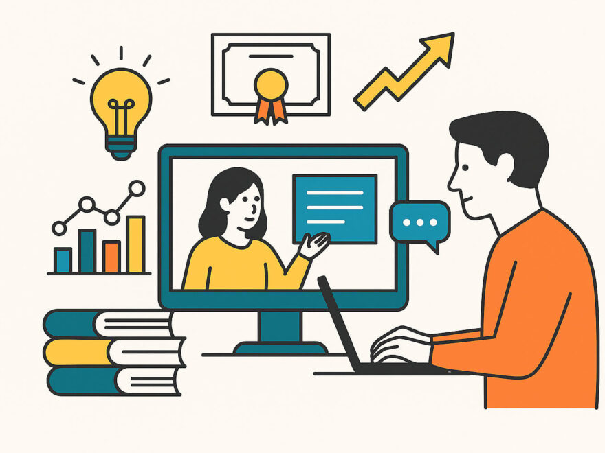 Online Kurs erstellen – symbolische Darstellung digitaler Weiterbildung mit Laptop und Videocoaching