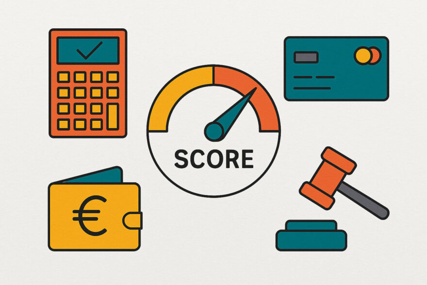 Faktoren, die deinen Schufa-Score beeinflussen Schufa Score verbessern – Symbolgrafik zu den wichtigsten Einflussfaktoren der Bonität
