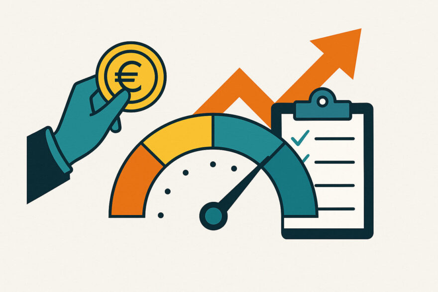 Schufa-Score verbessern – Tipps für eine bessere Bonität Schufa – Symbolgrafik zur Verbesserung des Schufa-Scores mit positiven Finanzsymbolen