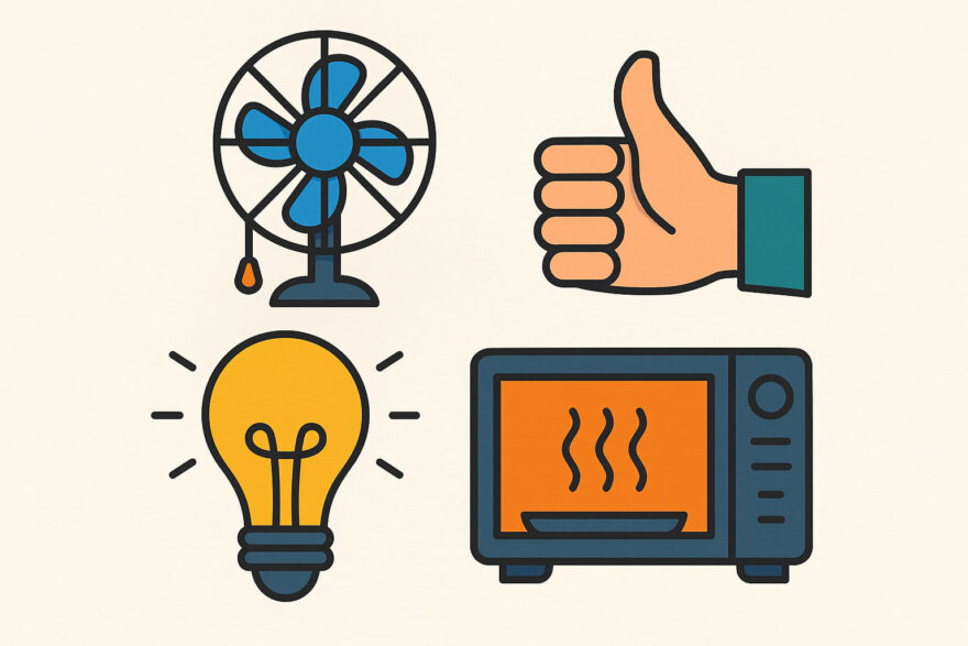 Illustration zum Thema Strom sparen im Alltag mit Symbolen für energiesparende Gewohnheiten wie Licht ausschalten und Geräte richtig nutzen