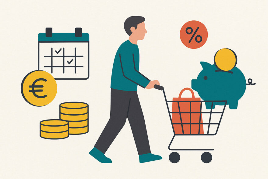 Bewusst einkaufen und Konsumschulden vermeiden Symbolgrafik zum Thema Konsumschulden vermeiden mit Einkaufswagen, Sparschwein und Münzen