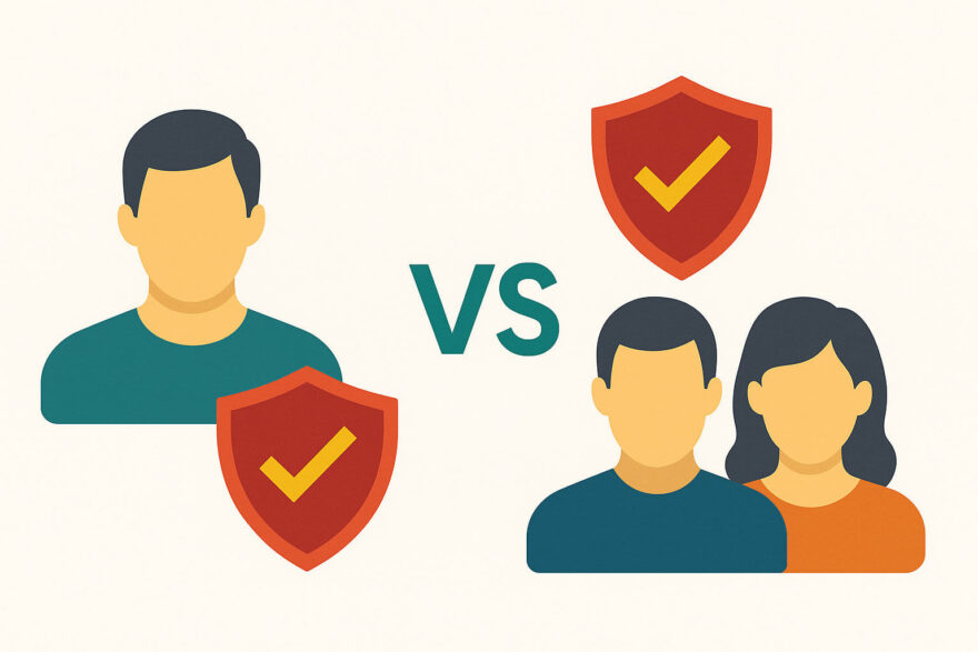 Unterschiede zwischen Einzel- und Partner-Risikolebensversicherung – grafische Darstellung Vergleich von Einzel- und Partner-Risikolebensversicherung als Symbolgrafik mit einer Einzelperson und einem Paar unter Schutzsymbolen