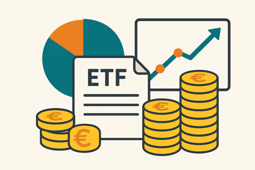 Illustration zeigt ETF-Dokument, Diagramm und Münzstapel als Symbol für ETF-Sparpläne ab 25 Euro