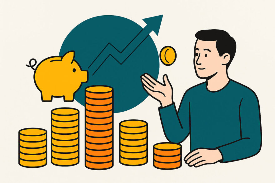 Illustration zeigt wachsende Münzstapel und Sparschwein als Symbol dafür, wie kleine Sparbeträge langfristig Wirkung entfalten