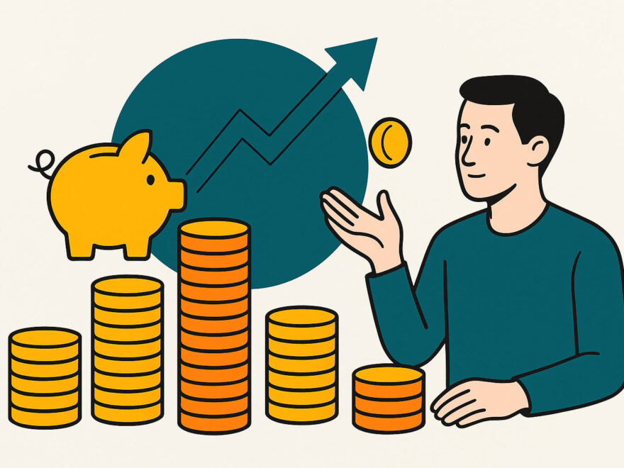 Illustration zeigt wachsende Münzstapel und Sparschwein als Symbol dafür, wie kleine Sparbeträge langfristig Wirkung entfalten