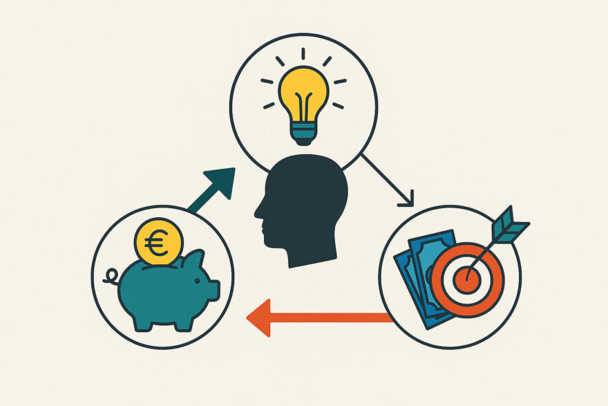 Alternativen zum Kredit – wann andere Wege sinnvoller sind Symbolgrafik zeigt Alternativen zum Kredit – mit Sparschwein, Zielscheibe und Kopf mit Glühbirne als Zeichen für kluge Finanzplanung