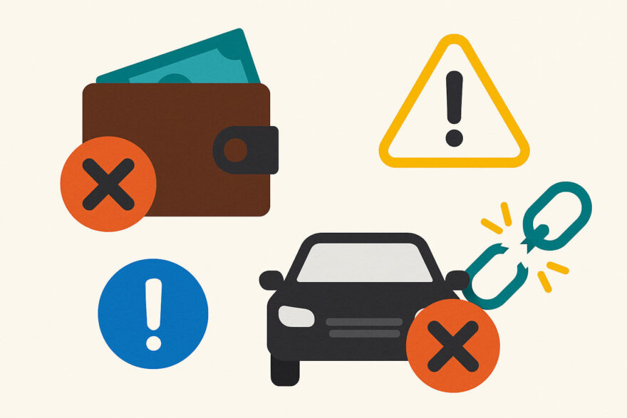 Wann ein Kredit nicht sinnvoll ist – typische Warnsignale Symbolgrafik zeigt Warnzeichen, wann ein Kredit nicht sinnvoll ist – mit Alarmzeichen, zerbrochener Kette und überlastetem Geldbeutel