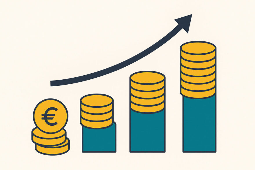 Illustration zeigt wachsende Münzstapel und Kurve als Beispiel für Vermögensentwicklung bei 25, 50 und 100 Euro Sparrate