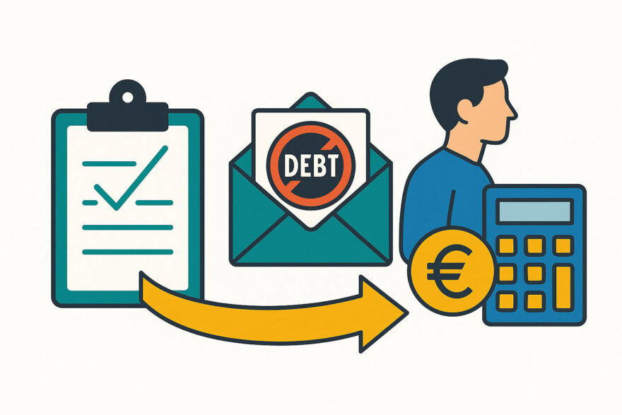Symbolgrafik zum Ablauf der Privatinsolvenz mit Checkliste, Brief, Person und Eurozeichen – Schritt-für-Schritt-Darstellung