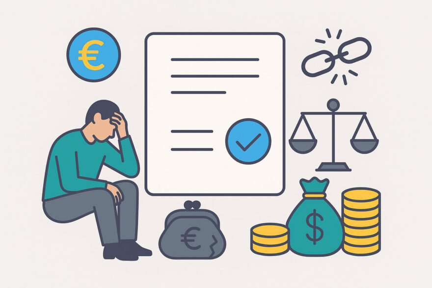 Symbolgrafik zur Privatinsolvenz mit Mann, Waage und Dokument – Bedeutung und Ziel des Insolvenzverfahrens