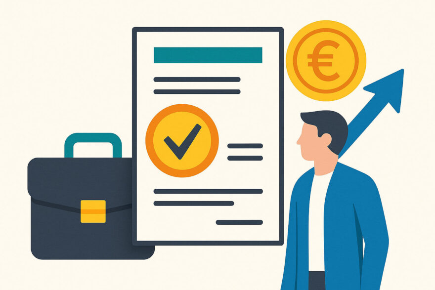 Symbolgrafik zur Privatinsolvenz mit Dokument, Aktenkoffer und Eurozeichen – Restschuldbefreiung als Neuanfang