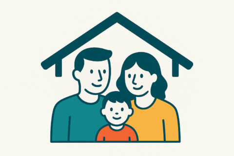 Risikolebensversicherung: Für wen sie wirklich wichtig ist 3 Minimalistische Vektorillustration einer Familie unter einem stilisierten Dach als Symbol für finanzielle Sicherheit durch eine Risikolebensversicherung