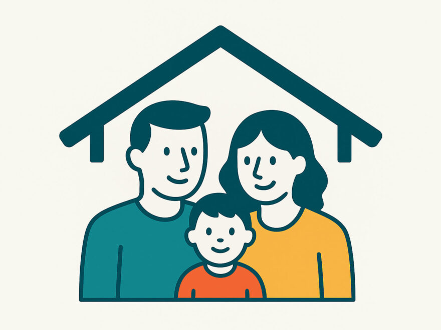 Minimalistische Vektorillustration einer Familie unter einem stilisierten Dach als Symbol für finanzielle Sicherheit durch eine Risikolebensversicherung
