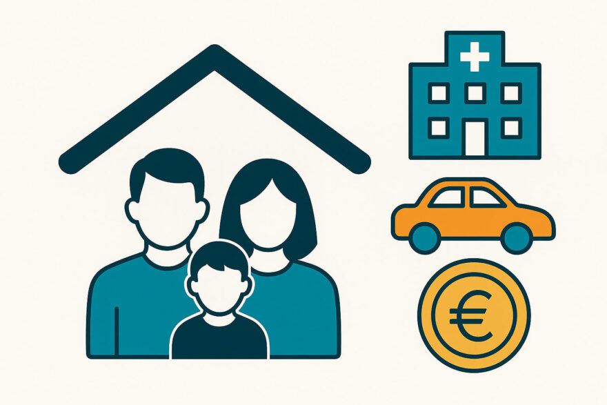 Was eine Risikolebensversicherung absichert – Schutz für Familie und Besitz Symbolgrafik einer Familie unter einem Dach mit Icons für Haus, Auto und Geld – Darstellung der Absicherung durch eine Risikolebensversicherung