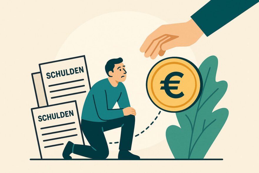 Illustration zeigt eine Person mit Schuldenunterlagen, die von einer helfenden Hand finanzielle Unterstützung erhält – Symbol für Schuldnerberatung und Neuanfang