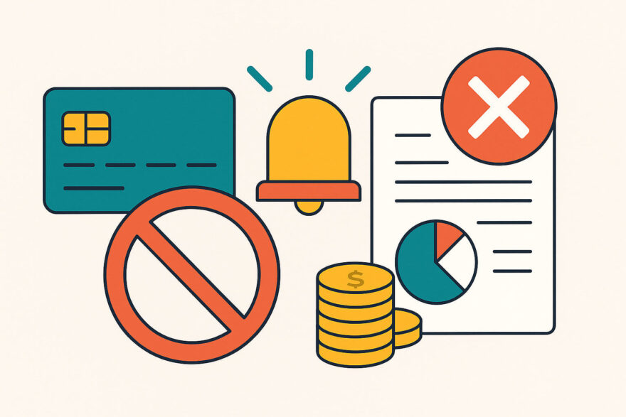 Illustration mit Kreditkarte, Warnsymbol, Alarmglocke und Dokumenten als Symbol für typische Fehler, die man bei Schulden vermeiden sollte