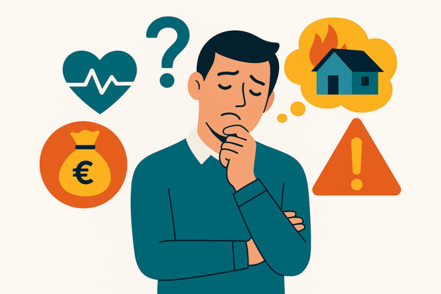 Typische Denkfehler bei Versicherungen – Infografik Vektorillustration zu typischen Denkfehlern bei Versicherungen mit Symbolen für Risiko, Geld, Gesundheit und Unsicherheit.