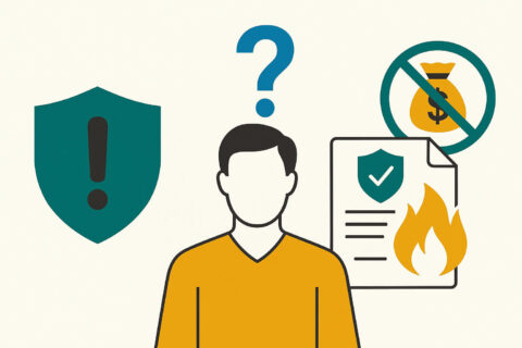 Versicherungsmythen entlarvt: Diese Irrtümer kosten dich wirklich Geld 1 Minimalistische Vektorillustration zu den Risiken von Versicherungsmythen mit Symbolen für Unsicherheit, Warnung, Schäden und finanzielle Folgen.