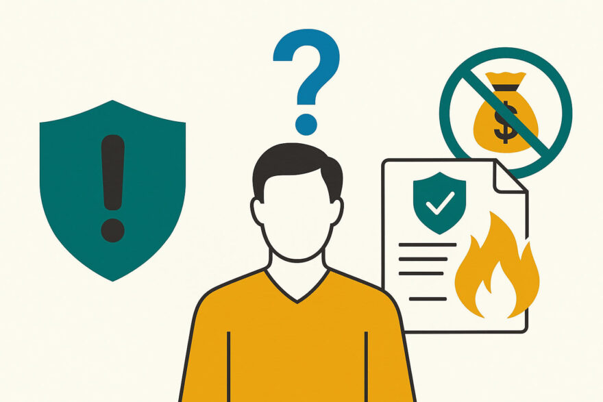 Warum Versicherungsmythen gefährlich sind – Infografik Minimalistische Vektorillustration zu den Risiken von Versicherungsmythen mit Symbolen für Unsicherheit, Warnung, Schäden und finanzielle Folgen.