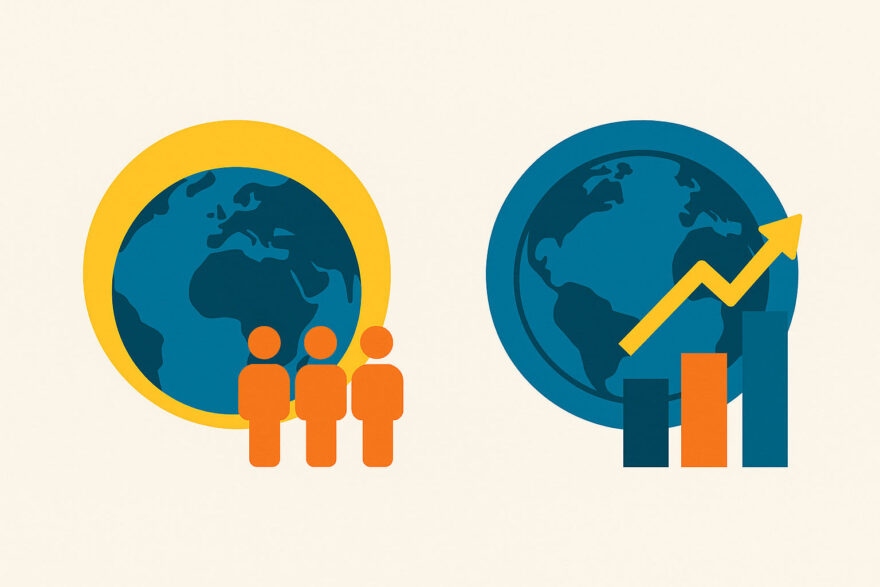 Illustration zeigt den Unterschied zwischen Welt-ETF und All-World-ETF anhand globaler Symbole