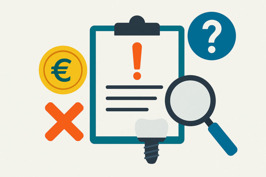 Illustration zu typischen Fehlern bei der Auswahl eines Zahnzusatzversicherungs-Tarifs mit Symbolen für Kosten, Warnhinweise und Prüfzeichen.