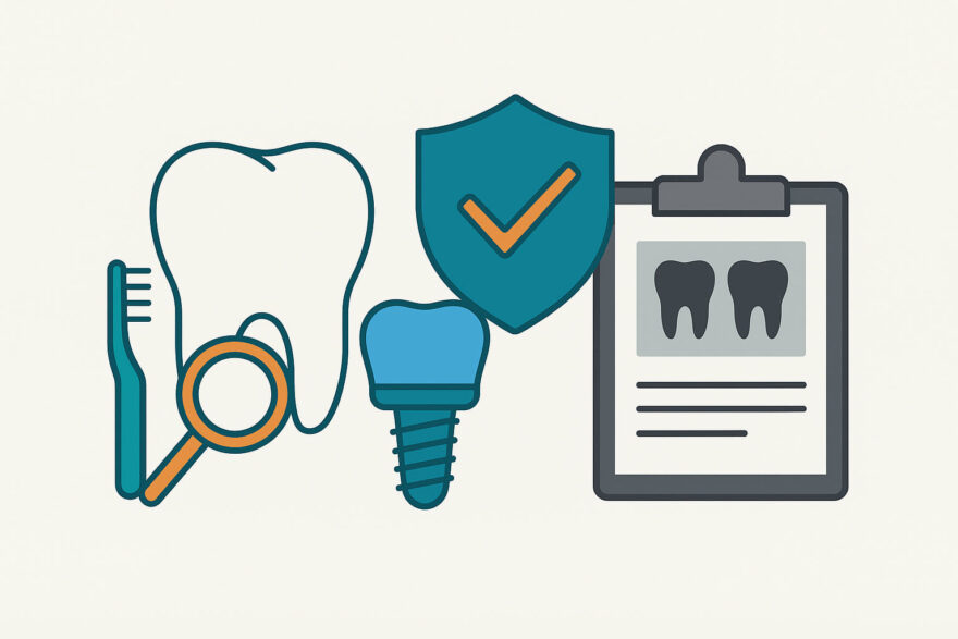 Illustration zu typischen Leistungen einer Zahnzusatzversicherung mit Zahn, Implantat, Schutzsymbol und Befundblatt.