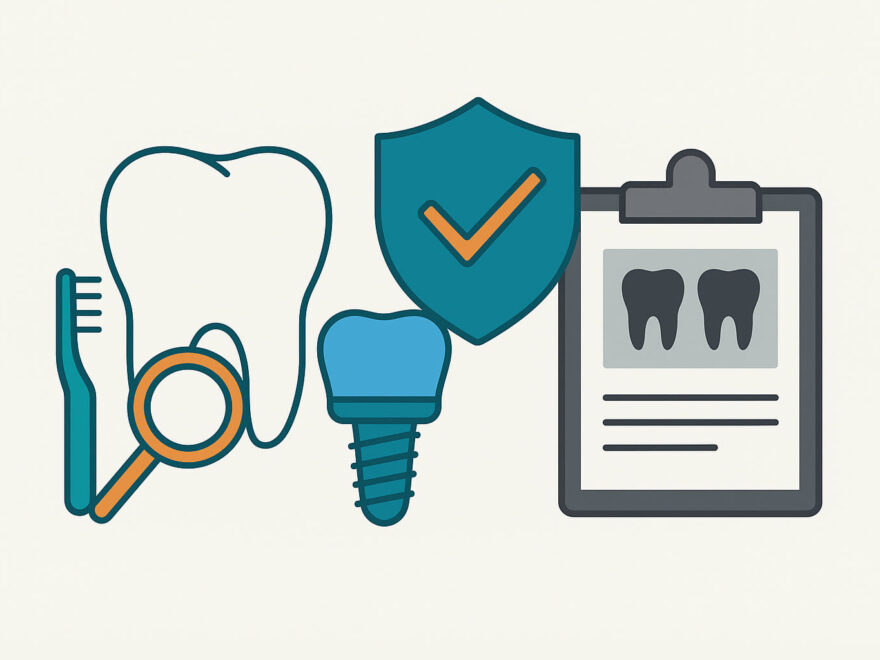 Illustration zu typischen Leistungen einer Zahnzusatzversicherung mit Zahn, Implantat, Schutzsymbol und Befundblatt.