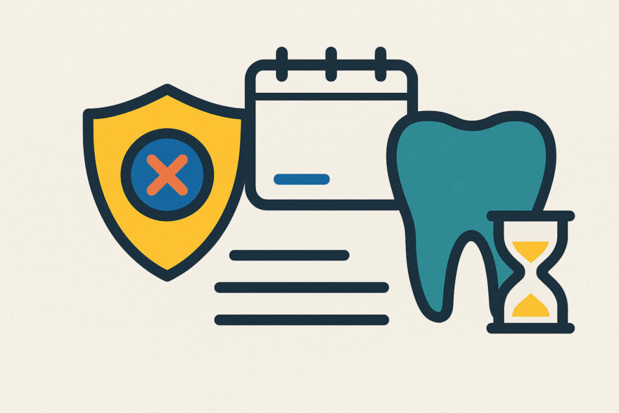 Illustration zu Situationen, in denen sich eine Zahnzusatzversicherung nicht rechnet, dargestellt mit Symbolen für Absage, Kalender und Wartezeiten.