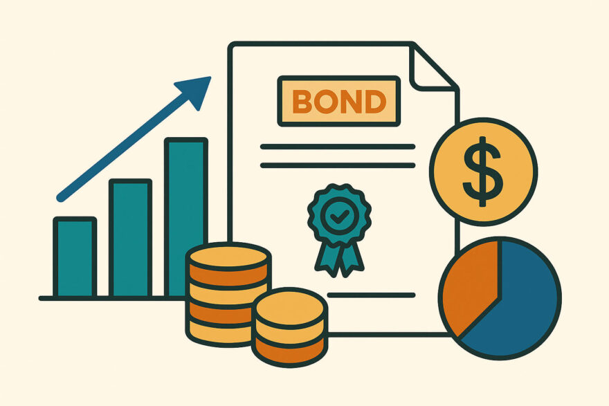 Illustration zur Funktionsweise von Anleihen-ETFs mit Anleihedokument, Kursgrafik und Symbolen für Zinsen und Diversifikation