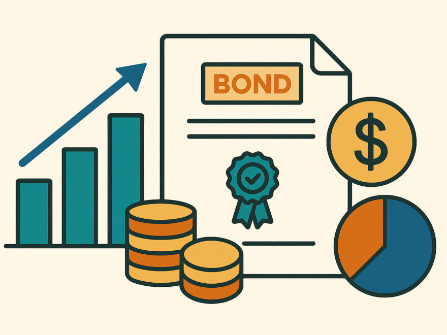 Illustration zur Funktionsweise von Anleihen-ETFs mit Anleihedokument, Kursgrafik und Symbolen für Zinsen und Diversifikation