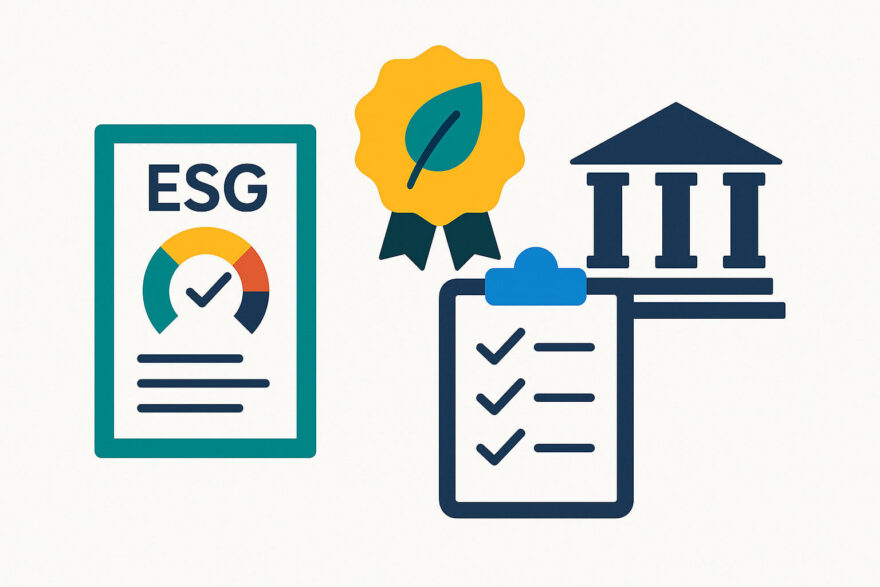 Symbole für ESG-Ratings, Nachhaltigkeitssiegel, EU-Taxonomie und Transparenzregeln zur Bewertung nachhaltiger Investments.