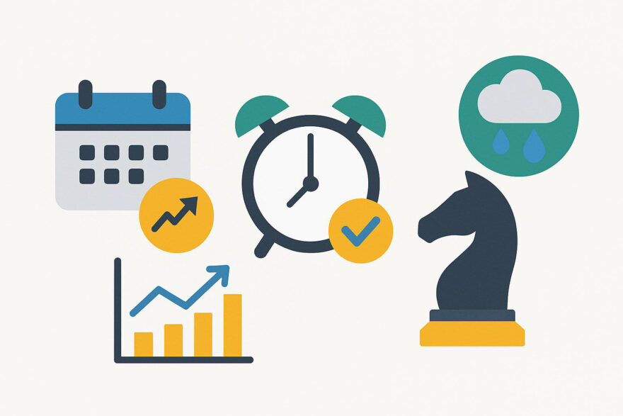 Illustration zu Einstiegszeitpunkten und Strategien bei Anleihen-ETFs mit Kalender, Uhr, Kursgrafik und Strategie-Symbolen