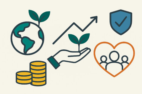 Nachhaltig investieren dargestellt durch Symbole für Umwelt, Wachstum, soziale Verantwortung und stabile Geldanlage.