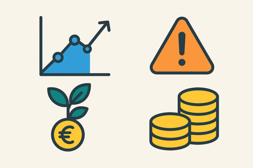 Illustration zu Rendite und Risiko nachhaltiger Anlagen mit Symbolen für Wachstum, Warnhinweise, Münzen und nachhaltiges Investment.
