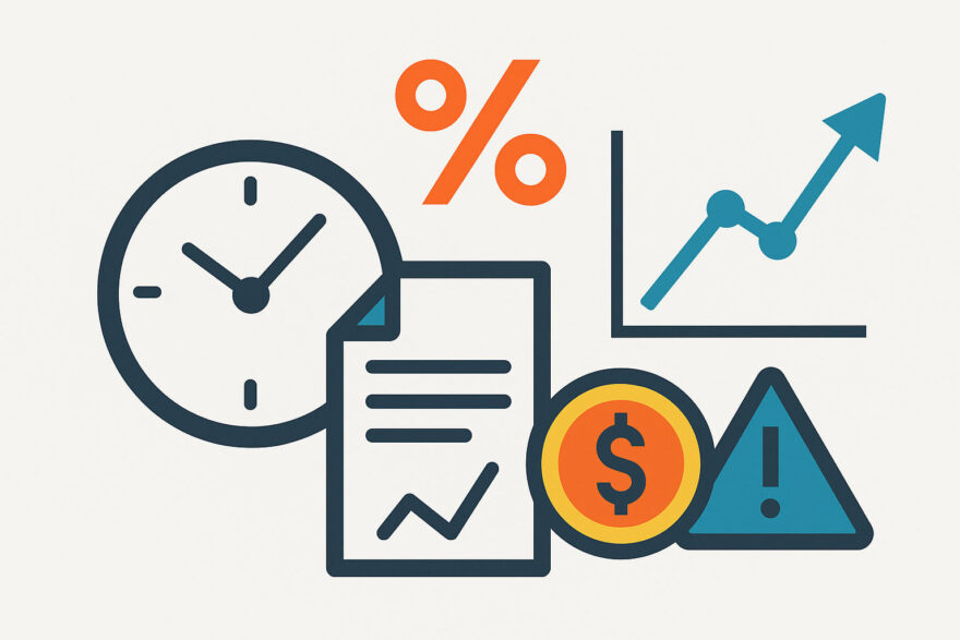 Illustration zu Zinsänderungen, Duration und Kursrisiken mit Symbolen für Zeit, Prozentzeichen, Chart und Risikohinweis