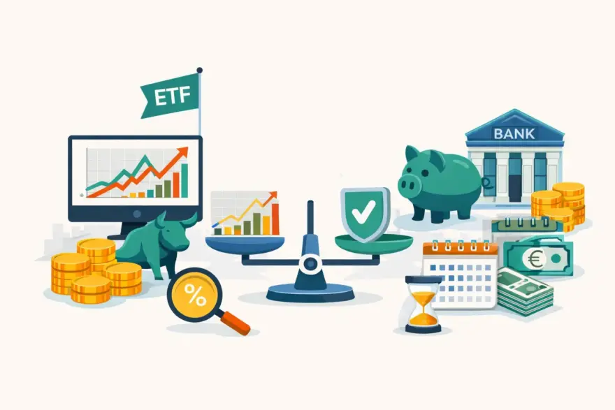 ETF oder Tagesgeld – Rendite, Risiko und Aufwand im Vergleich Illustration vergleicht ETF und Tagesgeld in Bezug auf Rendite, Risiko und Aufwand.