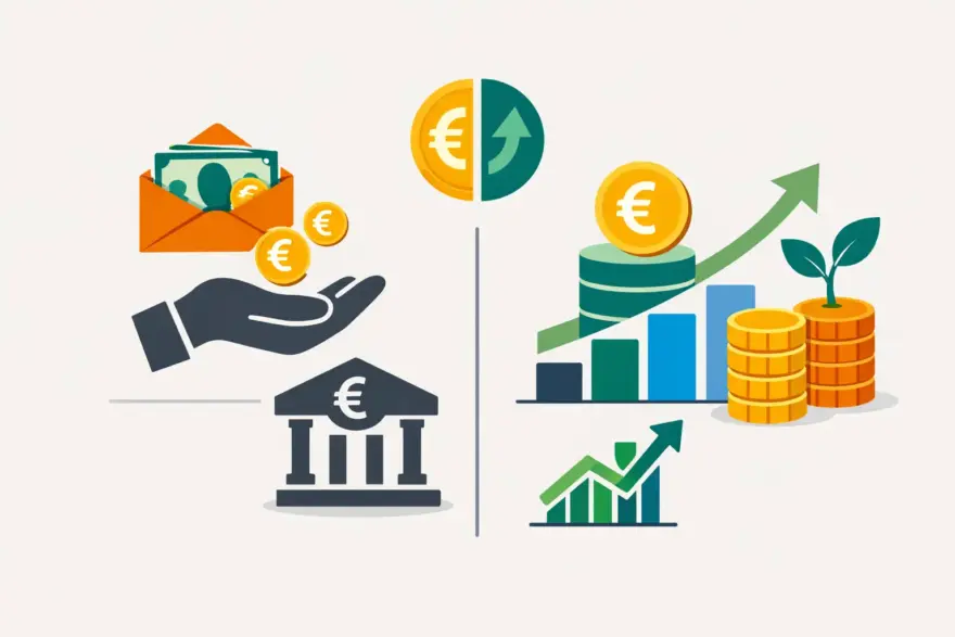 Vergleich zwischen thesaurierenden und ausschüttenden Investments mit Symbolen für Dividenden und Wiederanlage