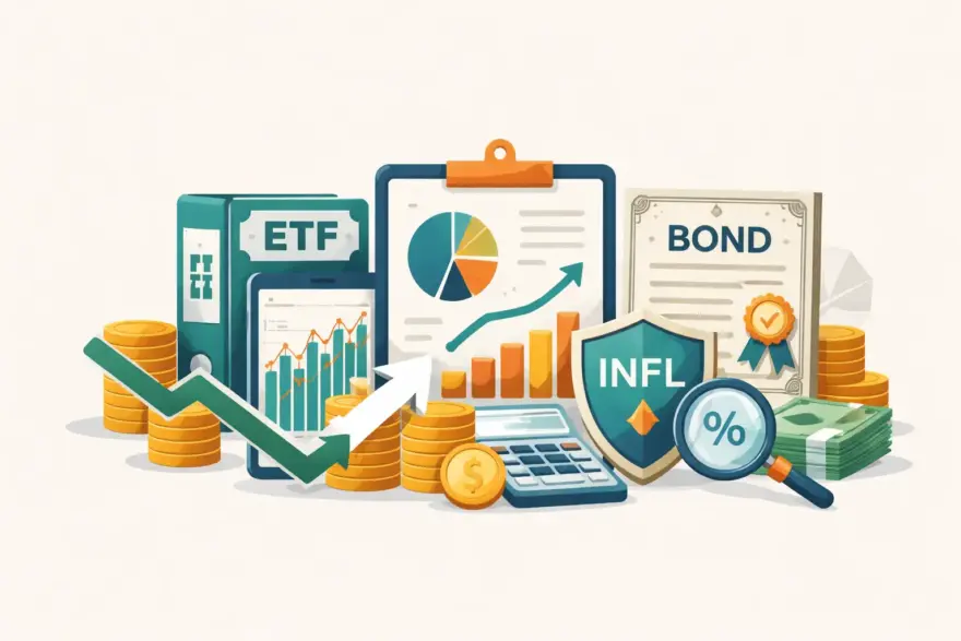 ETFs, Anleihen und inflationsindexierte Wertpapiere im Überblick Illustration zu Wertpapieren wie ETFs, Anleihen und inflationsgeschützten Anlagen