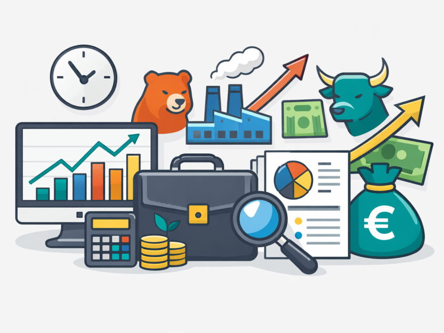 Illustration zu Aktienkennzahlen mit Diagrammen, Kursverlauf, Euro-Symbol und Finanzanalyse